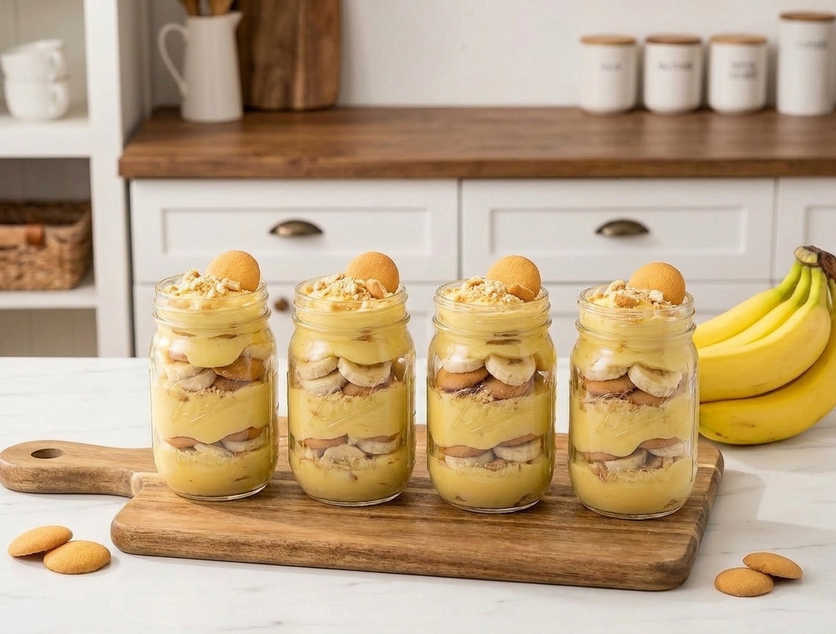 Individual mason jars filled with layered banana pudding, bananas, and vanilla wafers lined up on a kitchen counter.