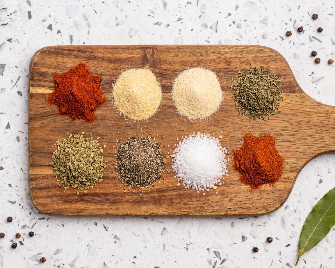 Individual piles of paprika, garlic powder, onion powder, dried thyme, dried oregano, black pepper, salt, and cayenne on a wooden board in a home kitchen