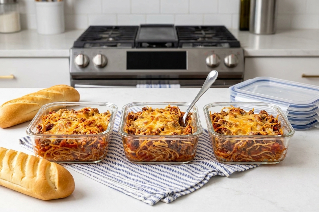 Individual portions of spaghetti casserole stored in clear glass meal prep containers with melted cheese on top, sitting on a kitchen counter
