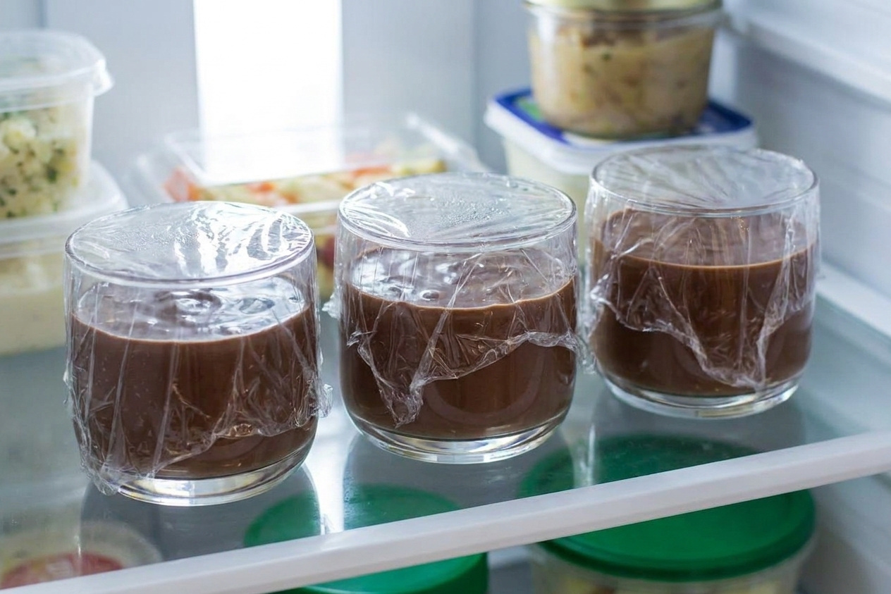 Individual pudding cups covered with plastic wrap pressed to the surface on a refrigerator shelf