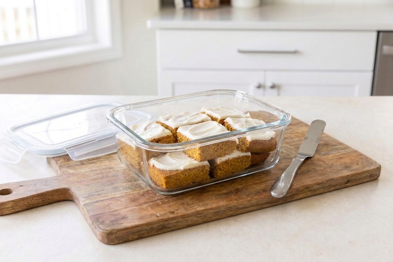 Individual pumpkin spice cake squares stored in an airtight container on a kitchen counter, with a small spatula nearby