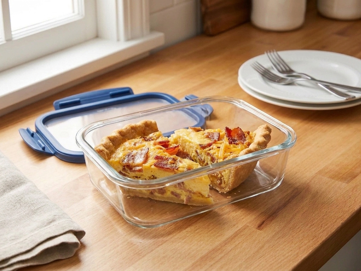 Individual slices of bacon quiche stored in a glass meal prep container with a snap-on lid on a kitchen counter