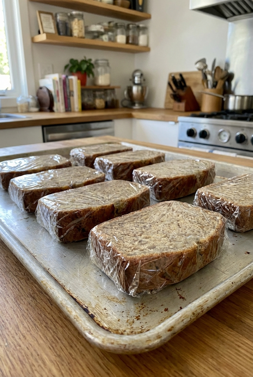 Individual slices of banana bread wrapped for freezing on a baking sheet