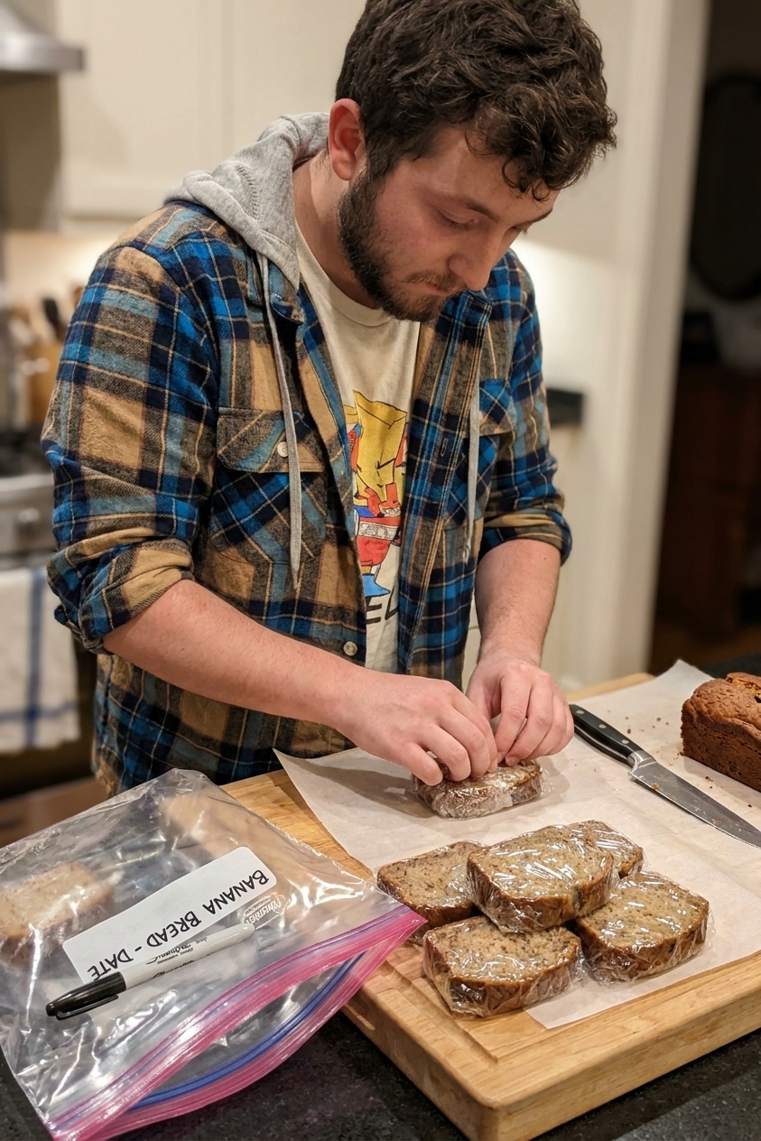 Individual slices of banana bread wrapped for freezing on a cutting board with parchment paper and a labeled freezer bag nearby