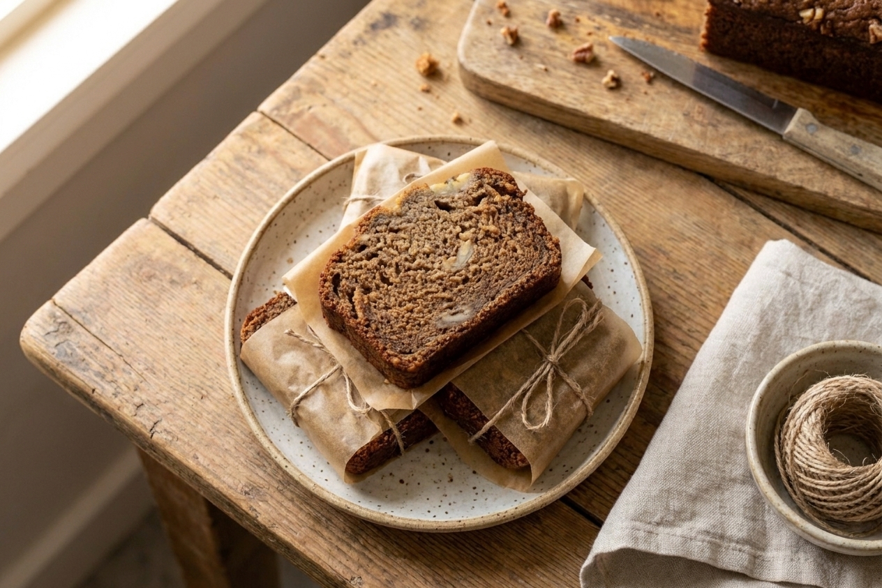 Individual slices of banana bread wrapped in parchment paper and stacked on a plate for storage