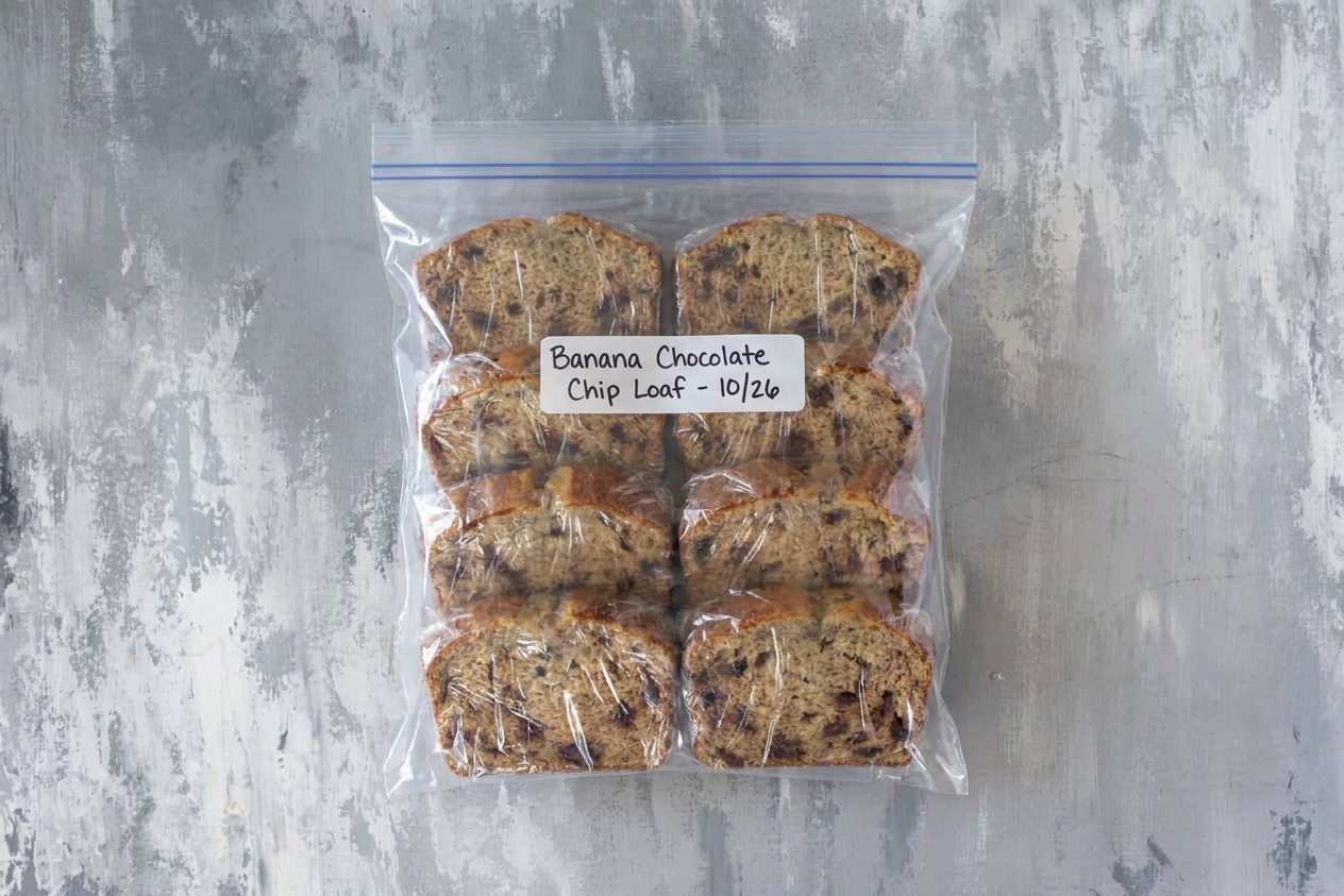Individual slices of banana chocolate chip loaf wrapped for freezing and placed in a labeled freezer bag on a kitchen counter