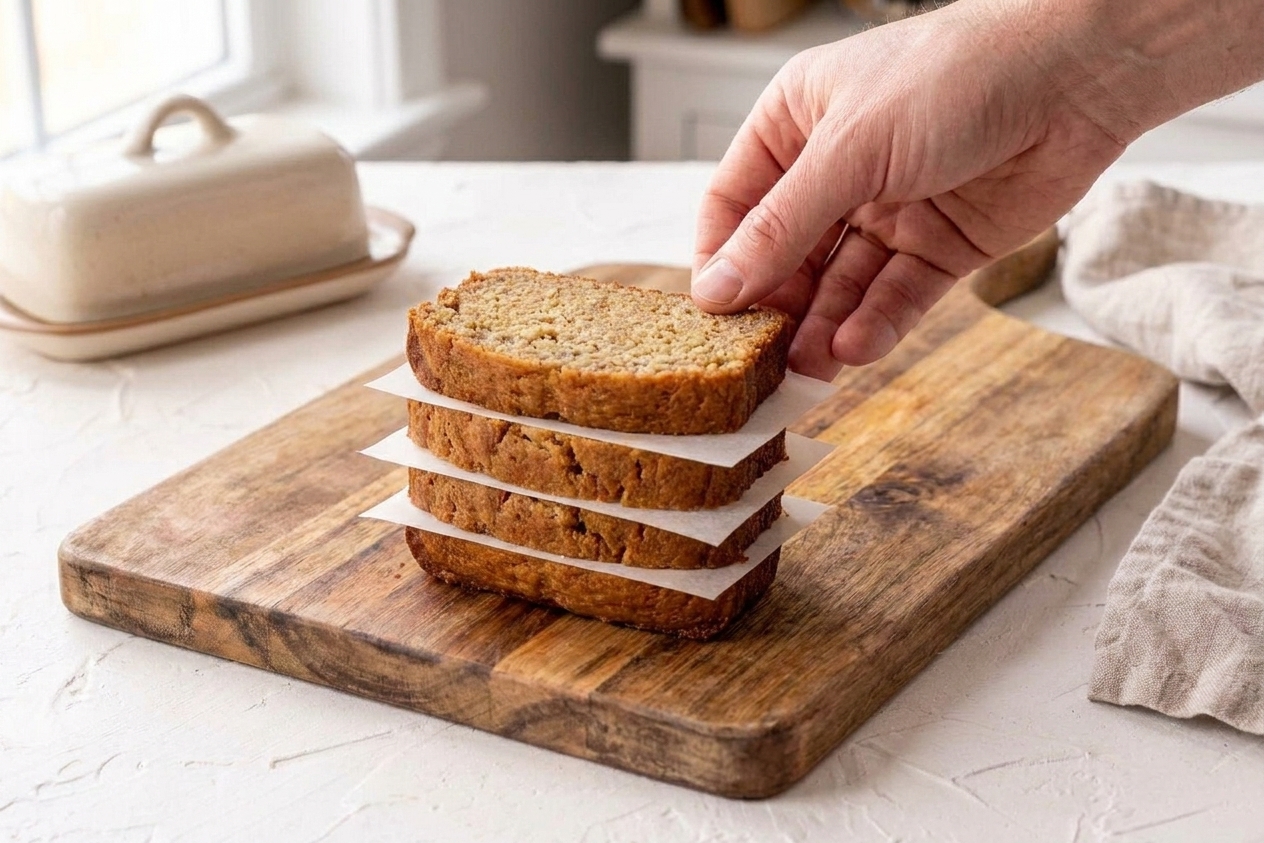Individual slices of banana loaf separated with parchment paper and stacked for freezing on a kitchen counter