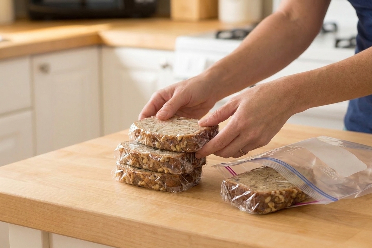 Individual slices of banana nut loaf wrapped for freezing on a kitchen counter with a resealable freezer bag nearby