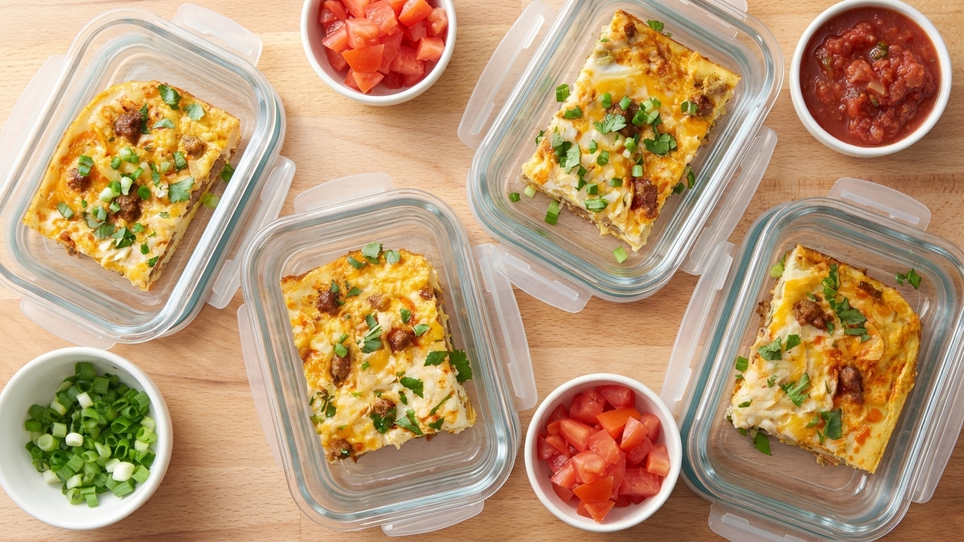 Individual slices of breakfast casserole portioned in glass meal prep containers on a kitchen counter