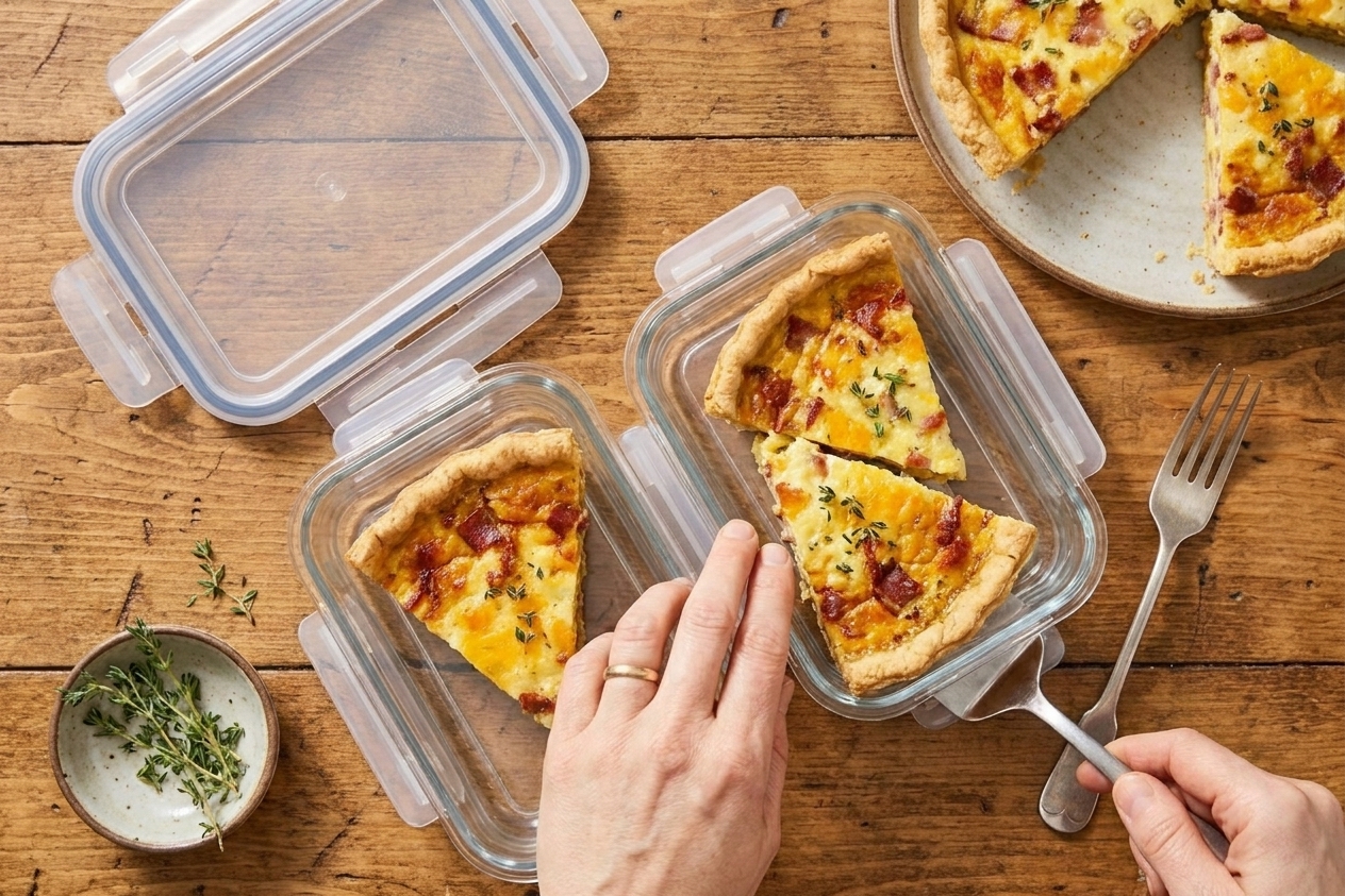 Individual slices of breakfast quiche packed into glass meal prep containers on a kitchen counter