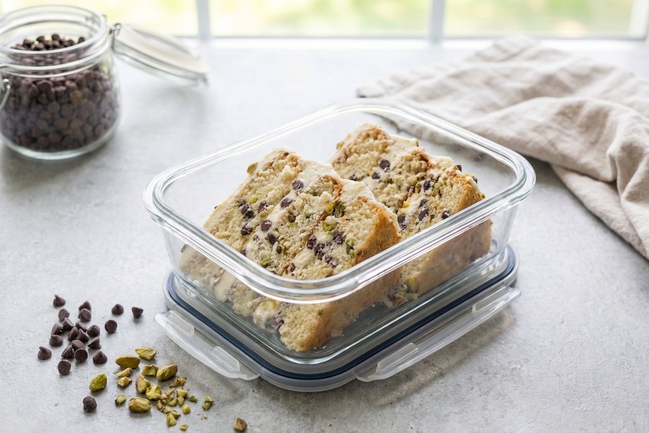 Individual slices of cannoli cake stored in a clear airtight container on a kitchen counter, showing distinct layers and chocolate chip filling