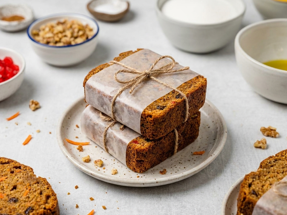 Individual slices of carrot bread wrapped and stacked on a small plate on a kitchen counter