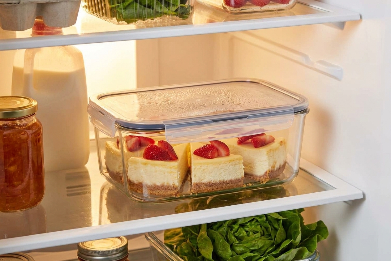 Individual slices of cheesecake stored in a clear airtight container on a refrigerator shelf