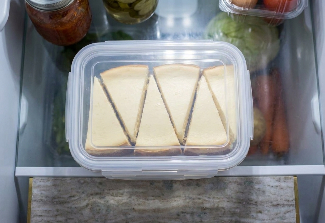 Individual slices of cheesecake stored in an airtight container on a refrigerator shelf.