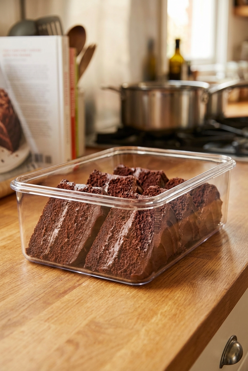 Individual slices of chocolate cake stored in an airtight container