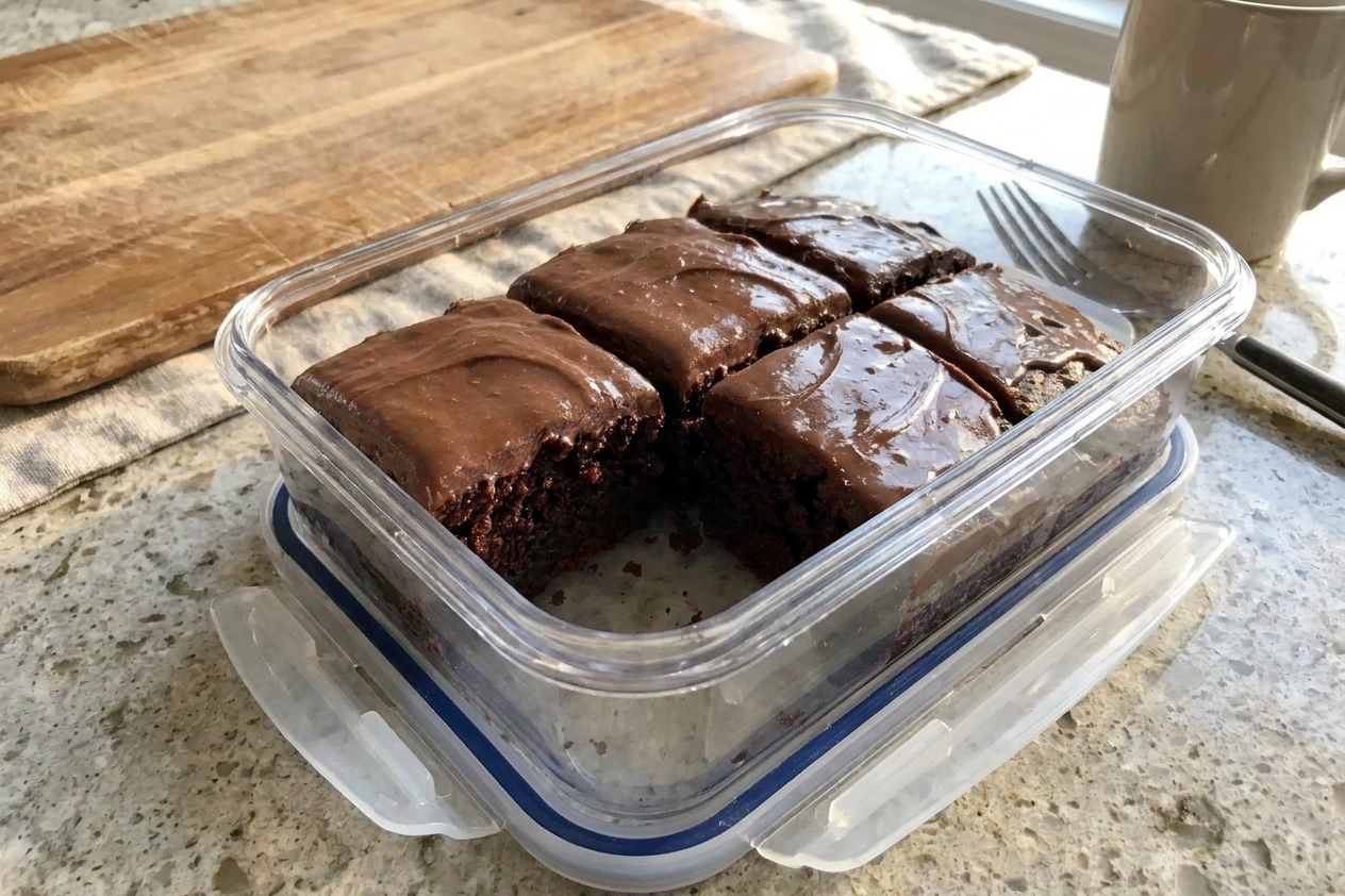 Individual slices of chocolate wacky cake stored in a clear airtight container on a kitchen counter, with one slice slightly separated to show the moist crumb, consistent home kitchen lighting