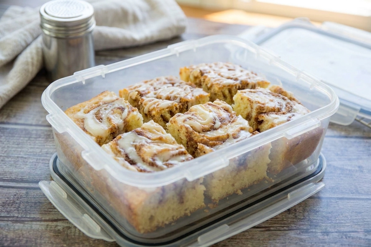 Individual slices of cinnamon roll cake stored in a clear airtight container on a kitchen counter