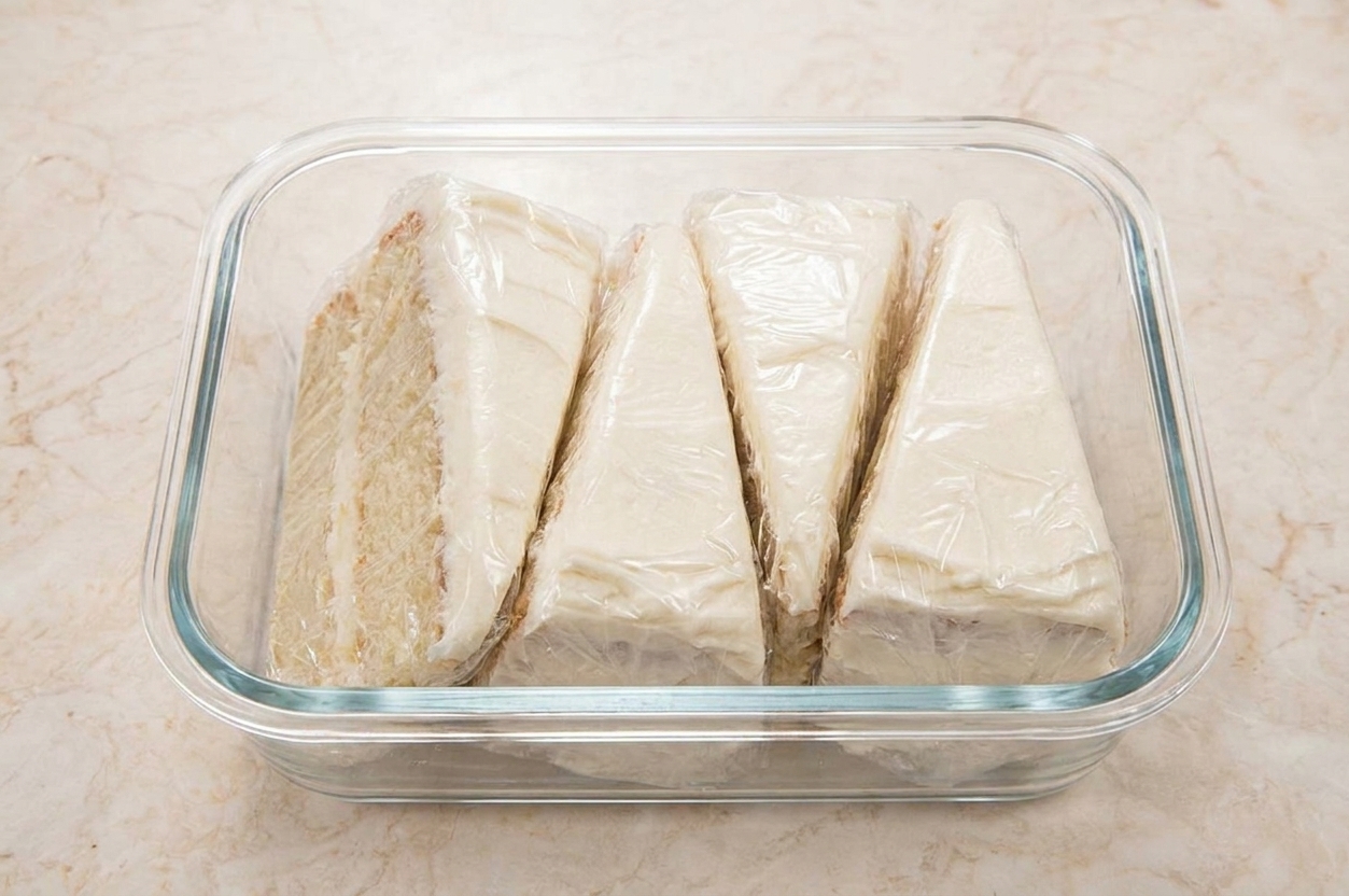 Individual slices of frosted vegan vanilla cake wrapped and stored in an airtight container on a kitchen counter