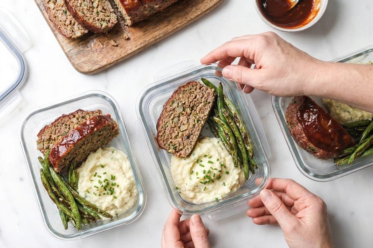 Individual slices of keto meatloaf in glass meal prep containers with cauliflower mash and roasted green beans