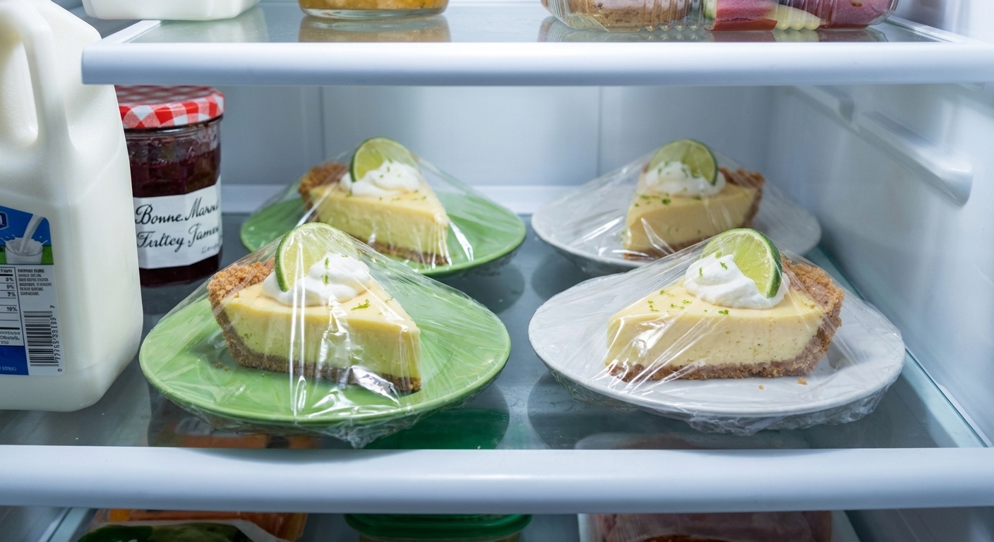 Individual slices of key lime pie on small plates covered and stored on a refrigerator shelf
