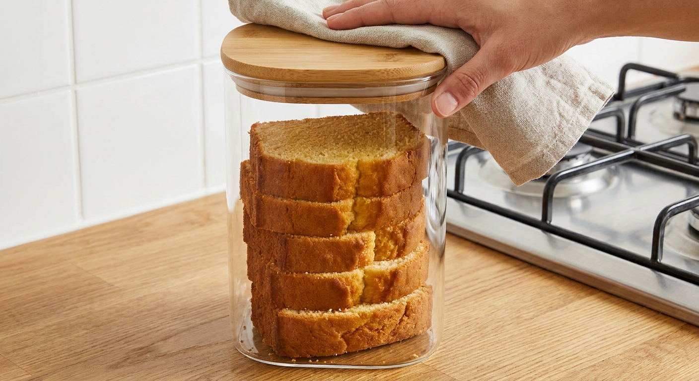 Individual slices of pound cake stacked in an airtight container on a kitchen counter, ready for storage