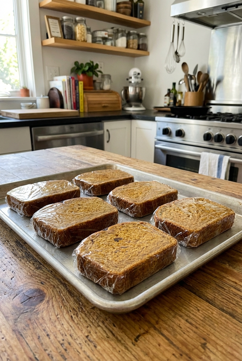 Individual slices of pumpkin bread wrapped for freezing on a baking sheet