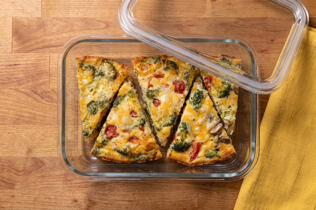 Individual slices of quiche arranged in a glass storage container with a lid on a kitchen counter, ready for meal prep