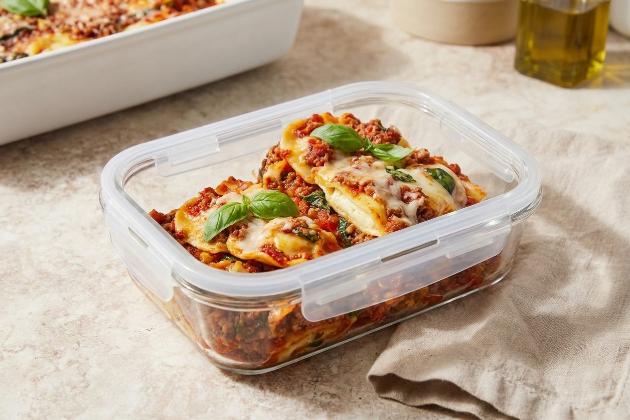 Individual slices of ravioli lasagna stored in a glass meal prep container with a tight-fitting lid on a kitchen counter