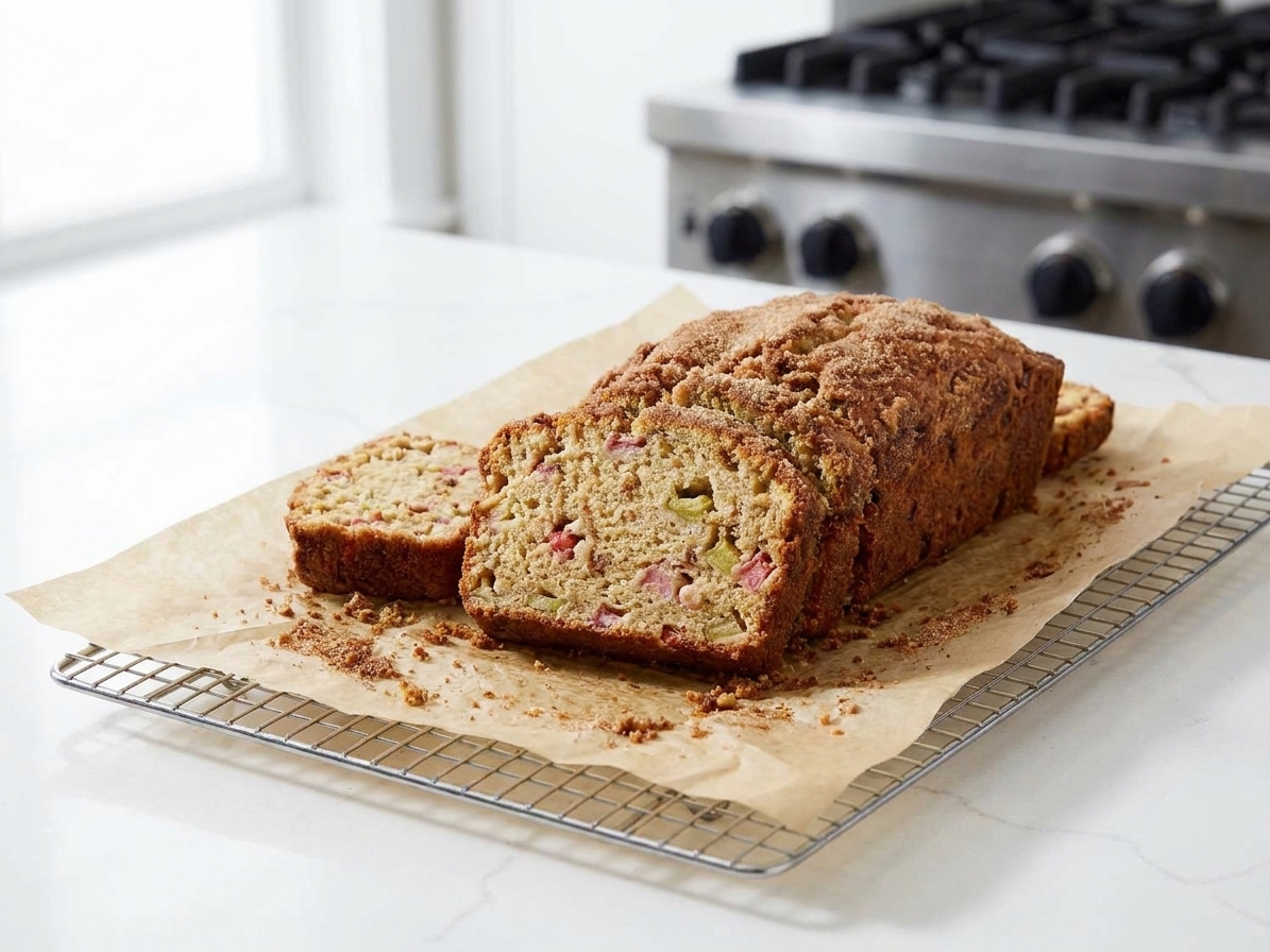 Individual slices of rhubarb bread laid out on a wire cooling rack with crumbs scattered on parchment paper