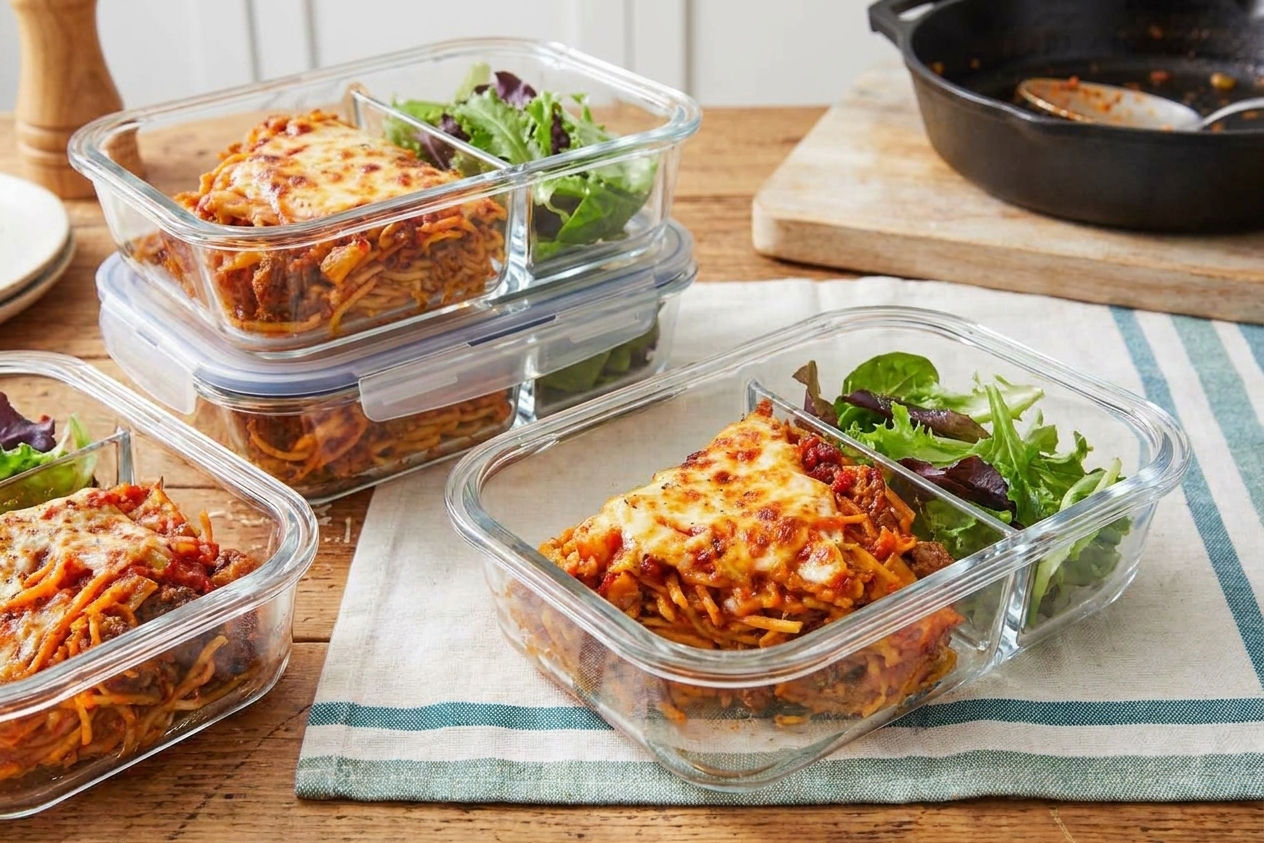 Individual slices of spaghetti pie stored in clear meal prep containers on a kitchen counter, ready for leftovers