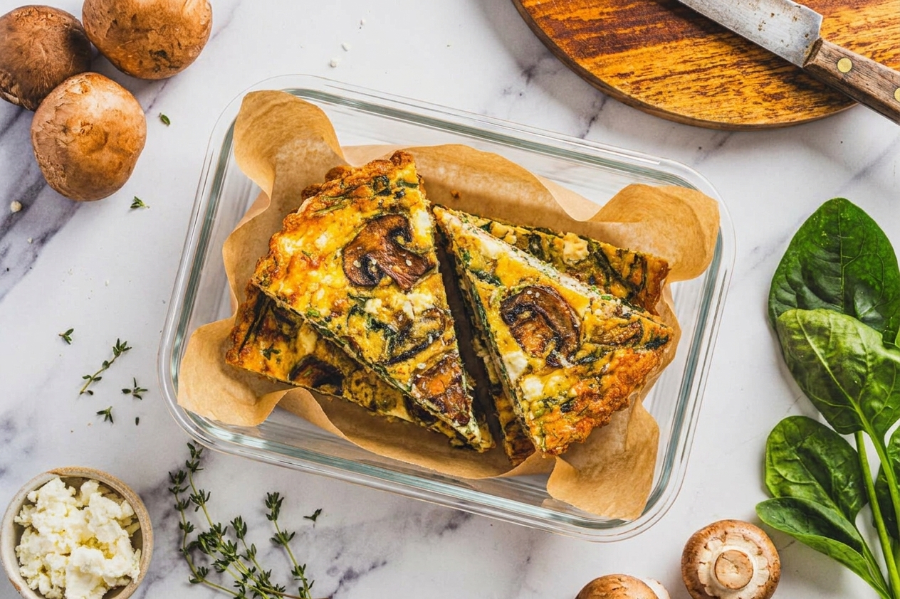Individual slices of vegetable quiche stored in a glass airtight container lined with parchment on a kitchen counter