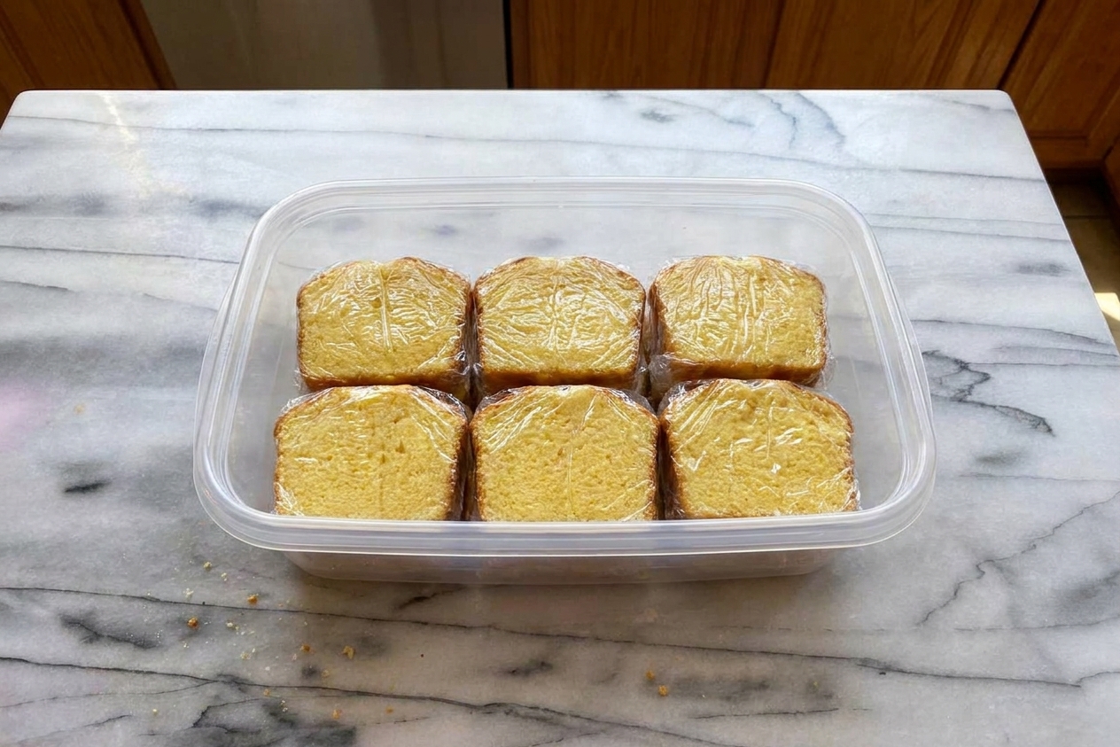 Individual slices of yellow cake wrapped and stored in a clear airtight container on a kitchen counter