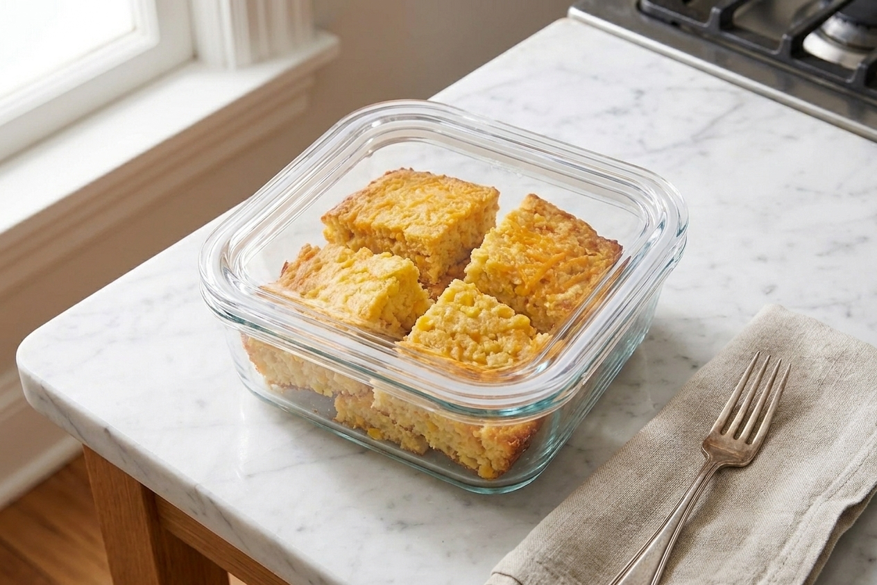 Individual squares of leftover cornbread casserole stored in a clear airtight container on a kitchen counter