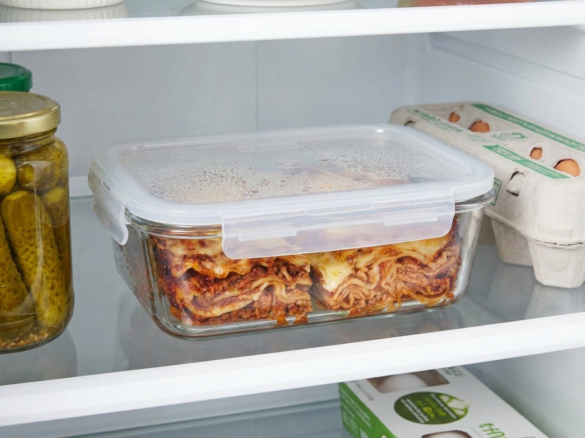 Individual squares of leftover lasagna packed into a glass meal prep container with a tight lid on a refrigerator shelf