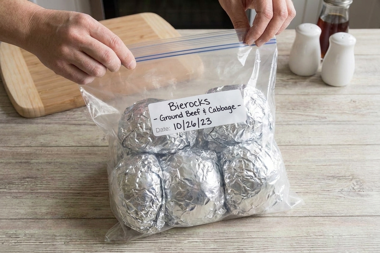 Individually foil-wrapped bierocks placed in a labeled freezer bag on a kitchen counter, ready for freezing