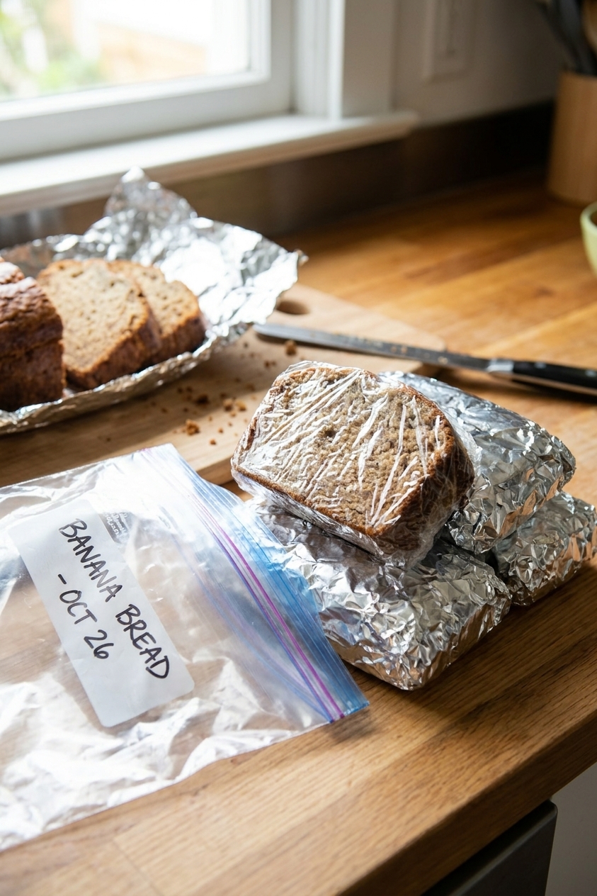 Individually wrapped banana bread slices in plastic wrap and foil, arranged next to a labeled freezer bag on a kitchen counter, real food photography style