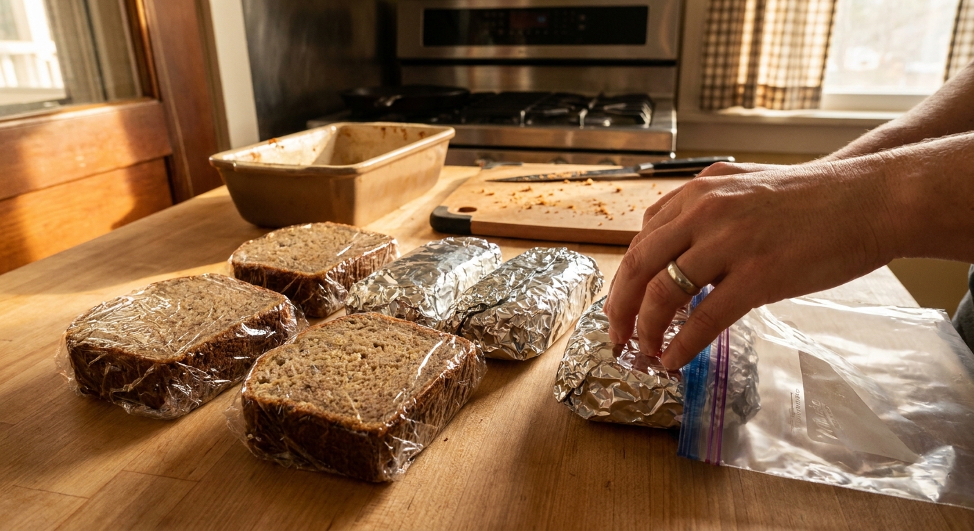 Individually wrapped banana bread slices in plastic wrap and foil on a kitchen counter, ready for freezing