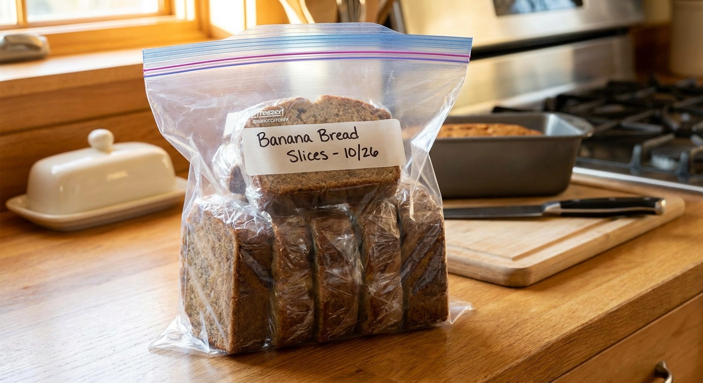 Individually wrapped banana bread slices placed inside a labeled freezer bag on a kitchen counter