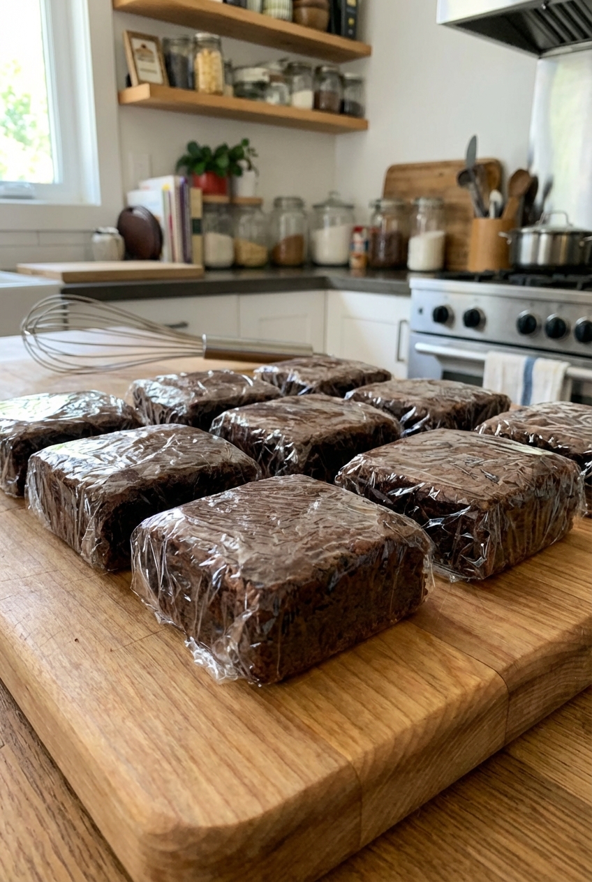 Individually wrapped brownie squares on a cutting board ready to freeze