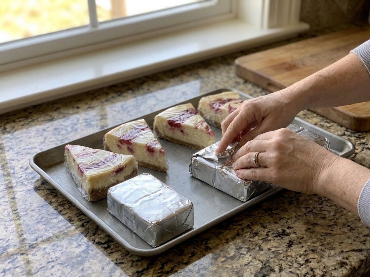 Individually wrapped cheesecake slices in plastic wrap and foil lined up on a tray on a kitchen counter