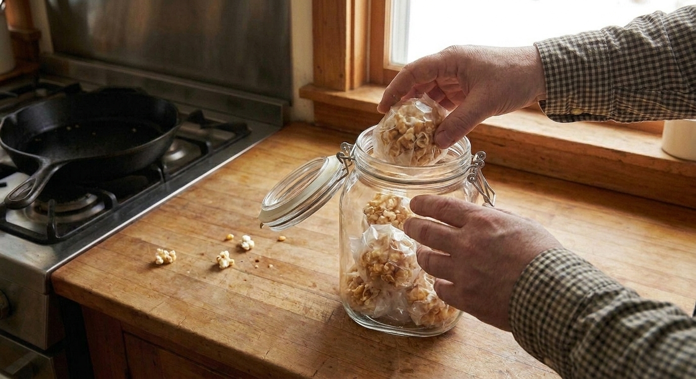 Individually wrapped popcorn balls in wax paper tucked into an airtight container on a kitchen counter