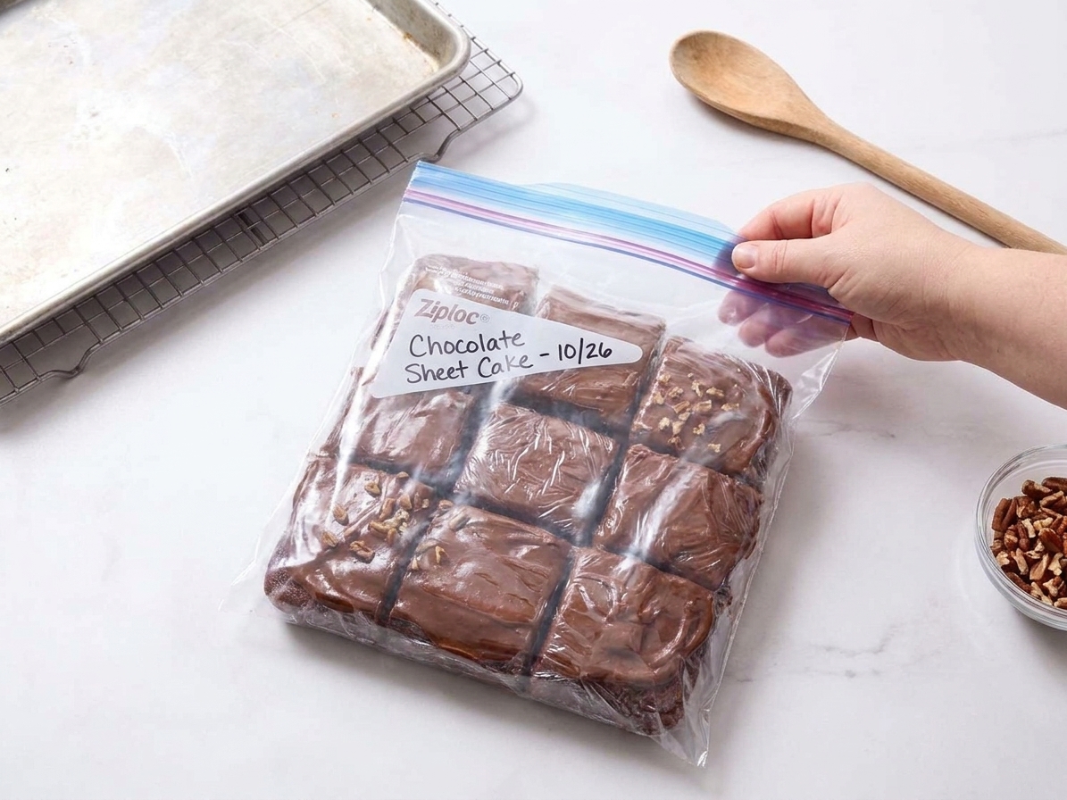 Individually wrapped slices of chocolate sheet cake placed in a labeled freezer bag on a kitchen counter