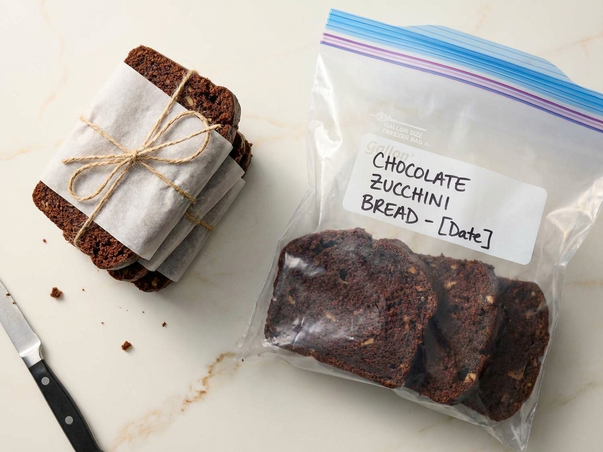 Individually wrapped slices of chocolate zucchini bread stacked beside a labeled freezer bag on a kitchen counter.