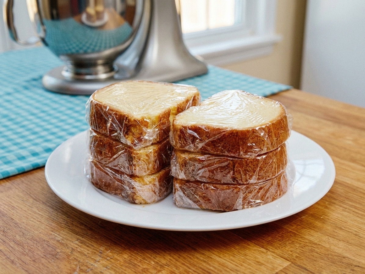 Individually wrapped slices of cream cheese pound cake stacked on a plate on a kitchen counter, ready for storage