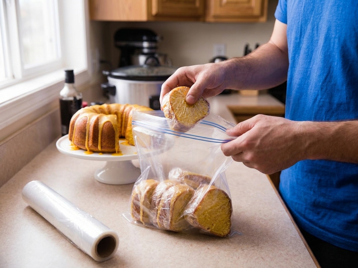 Individually wrapped slices of orange cake being placed into a freezer bag on a kitchen counter