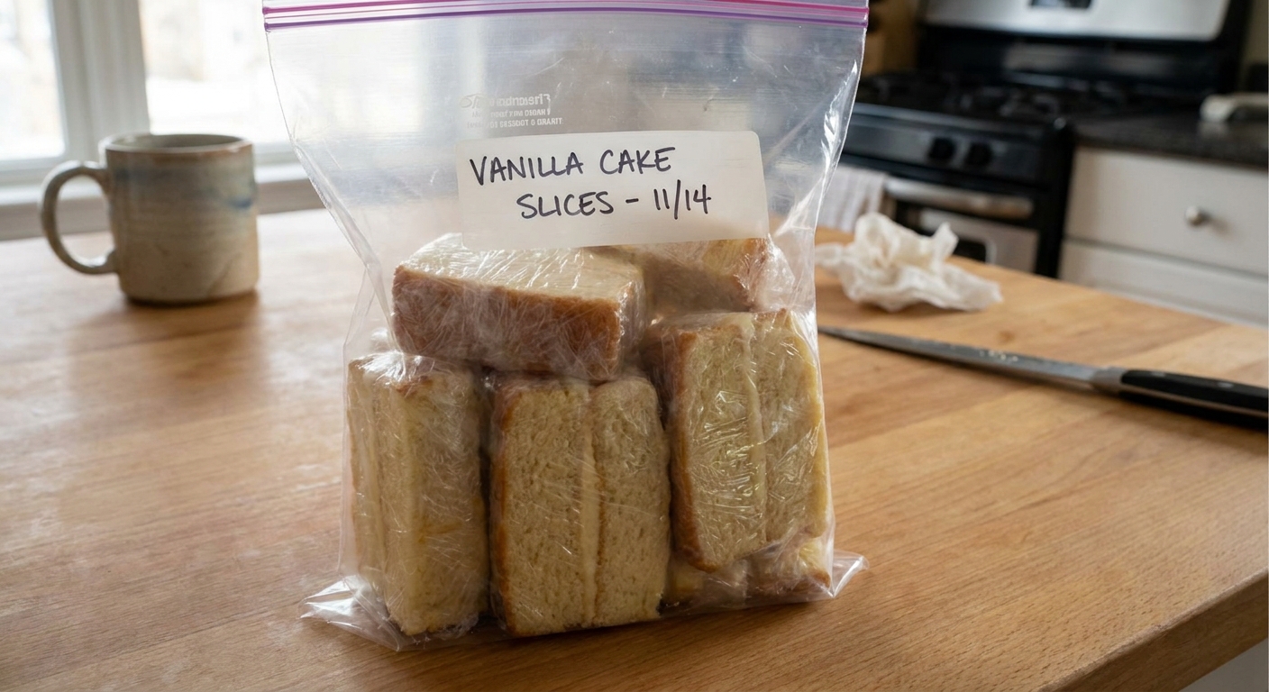 Individually wrapped slices of vanilla cake placed in a labeled freezer bag on a kitchen counter