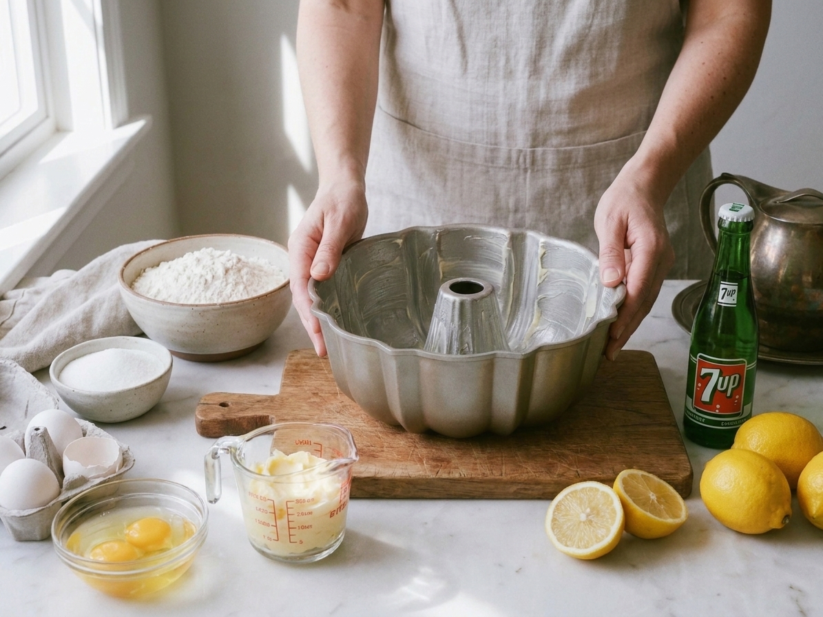 Ingredients for 7UP cake arranged on a kitchen counter including flour, sugar, butter, eggs, 7UP, lemons, and a bundt pan