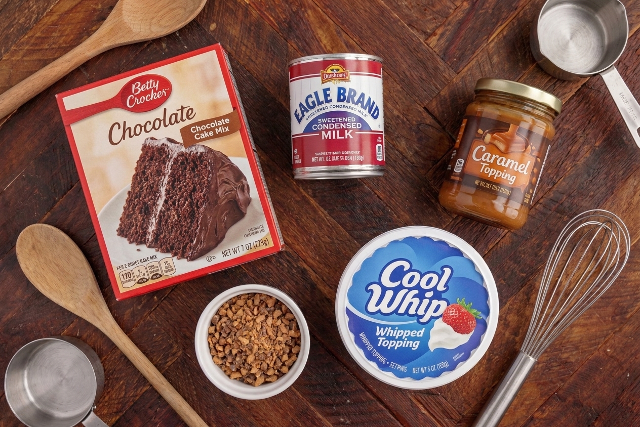 Ingredients for Better Than Sex Cake arranged on a kitchen counter including chocolate cake mix, sweetened condensed milk, caramel topping, whipped topping, and toffee bits