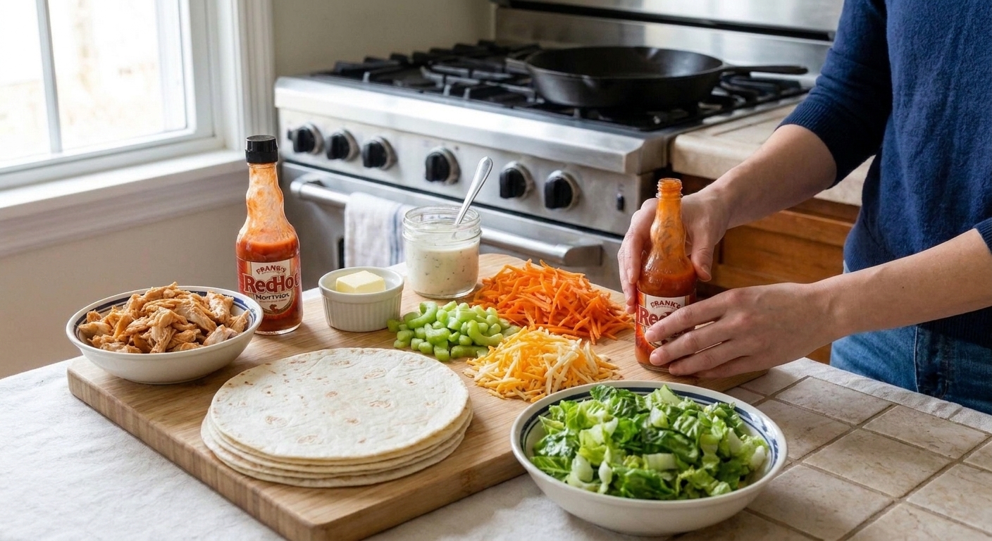 Ingredients for Buffalo chicken wraps laid out on a clean kitchen counter including tortillas, cooked chicken, hot sauce, butter, ranch, lettuce, shredded carrots, celery, and shredded cheese