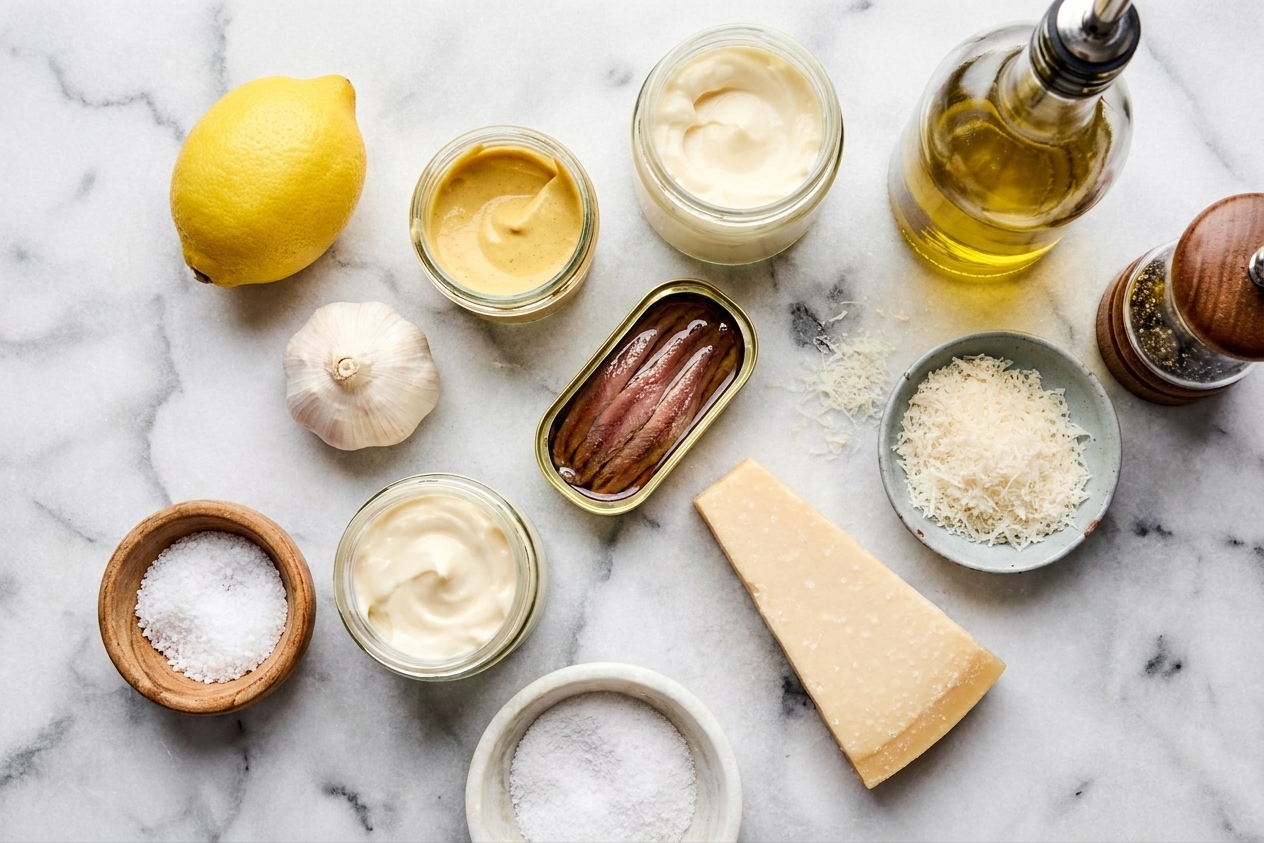 Ingredients for Caesar dressing arranged on a kitchen counter, including lemon, garlic, Dijon mustard, mayonnaise, anchovy fillets, Parmesan, olive oil, salt, and black pepper